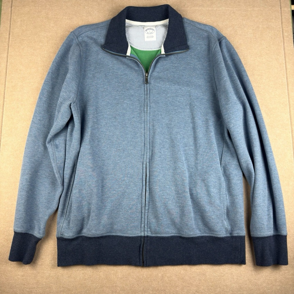 Brooks Brothers Men's L Blue Full Zip Mock Neck Sweater Cotton Blend‎ Sweater